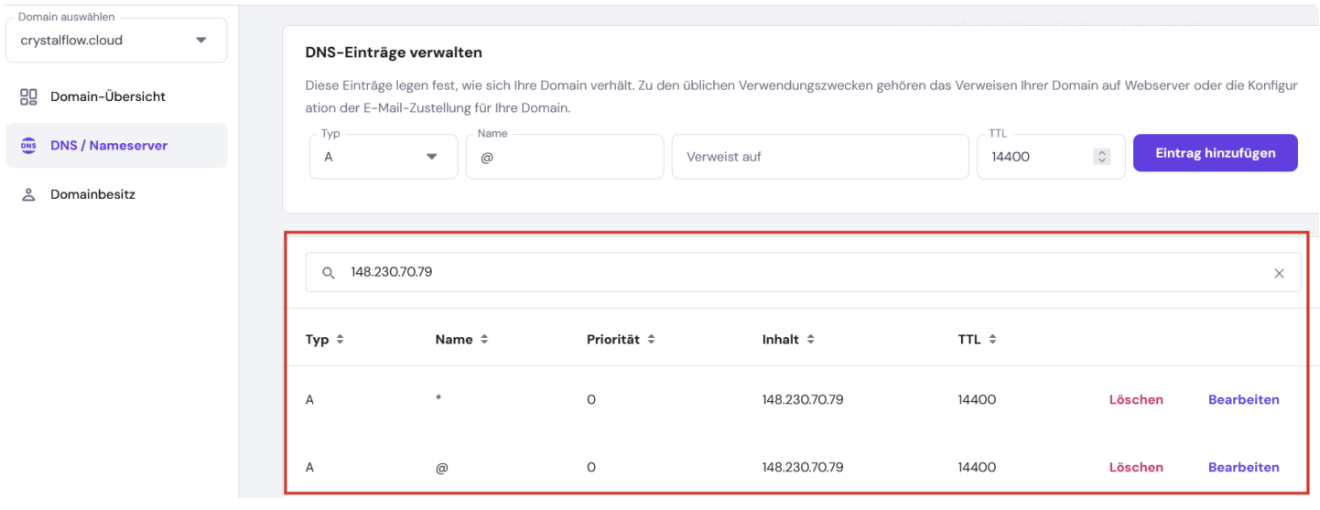 Screenshot der DNS-Einträge-Verwaltung