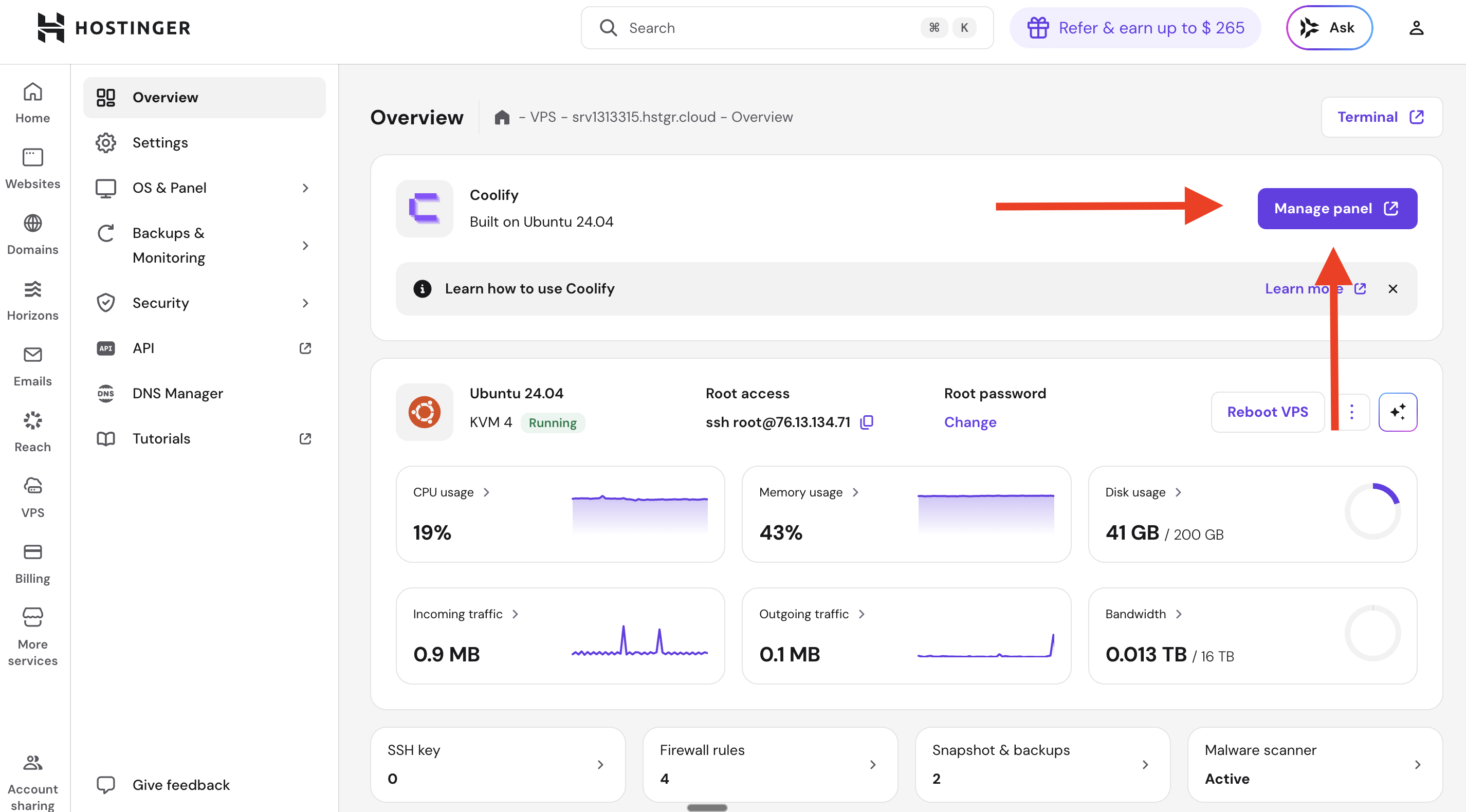 Screenshot des Hostinger-Warenkorbs (Betriebssystem mit Panel → Coolify)