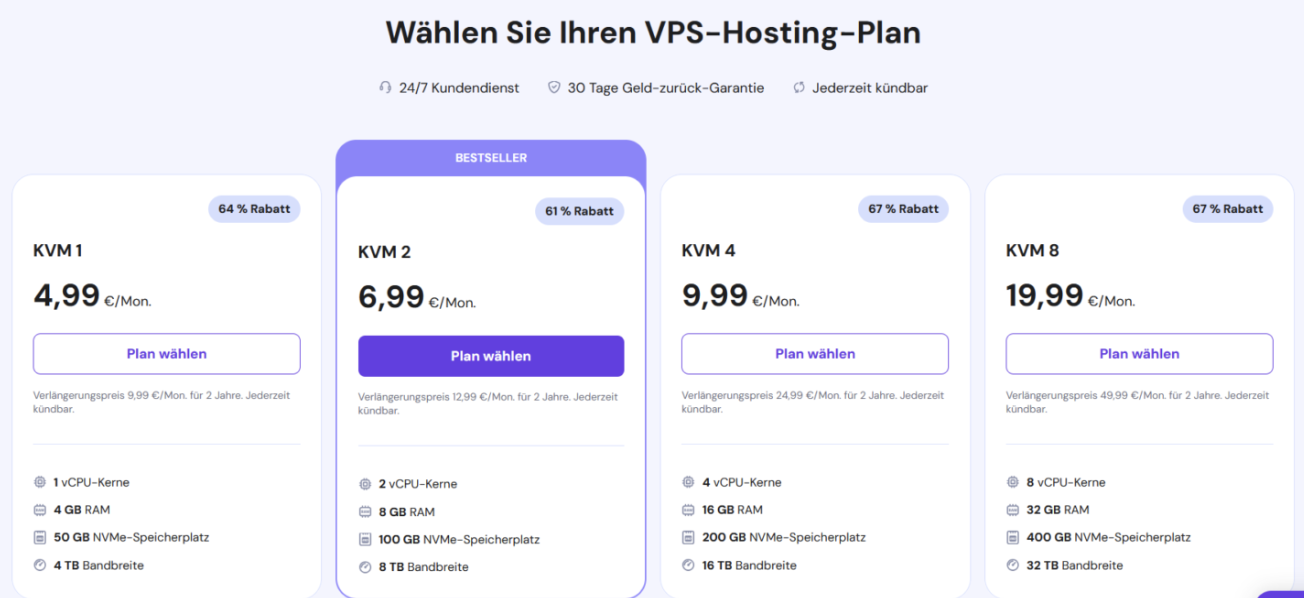 Hostinger-Tarife (KVM 1 bis KVM 8)
