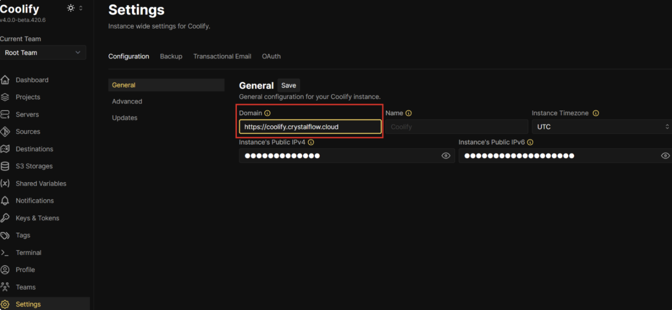 Screenshot: Coolify Localhost einstellen