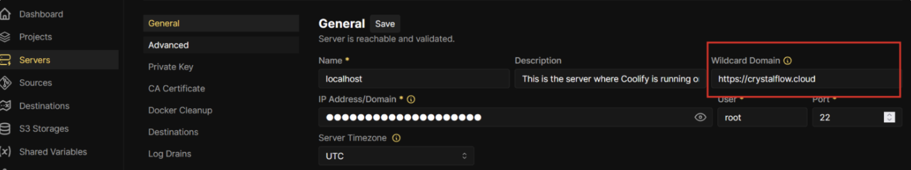 Screenshot: Server einstellen in Coolify