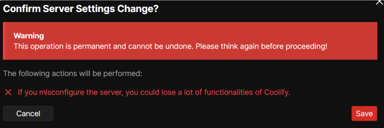 Screenshot: Server-Warnung in Coolify